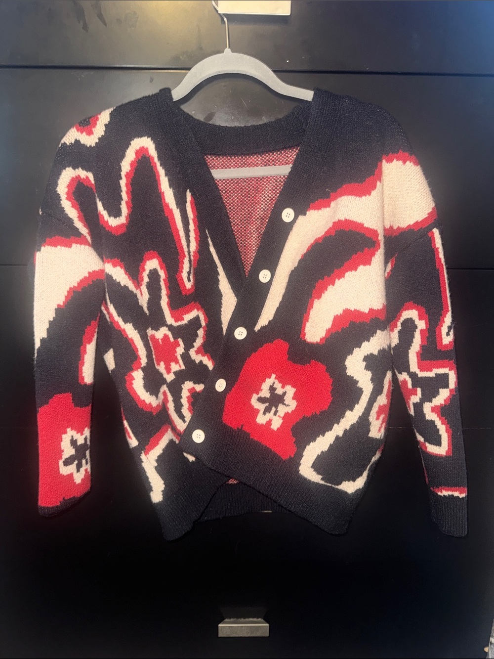 SHEIN Men's Black, Red & White Abstract Floral Knit Cardigan